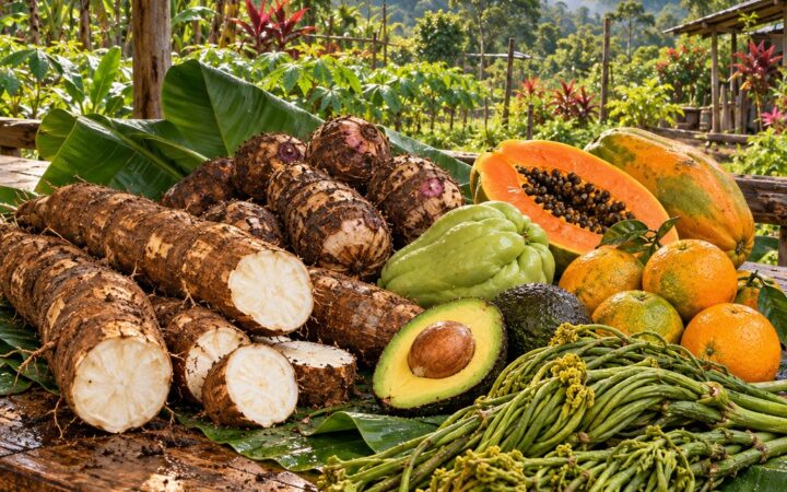 Ilustración: Alimentos cabécares: pacaya, frutas y tubérculos de Talamanca