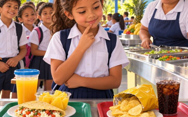 Ilustración: Alimentos saludables en la soda escolar y al comprar