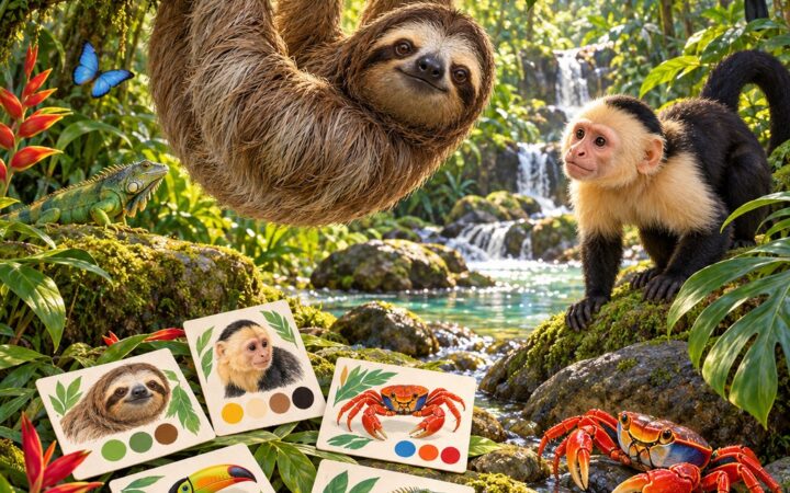 Ilustración: Animales del parque en inglés: sloth, monkey, crab y más