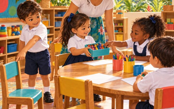 Ilustración: At school en inglés: classroom, teacher y this is / these are