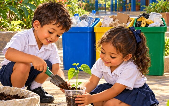 Ilustración: Cuidar la naturaleza en inglés: recycling y don't pollute