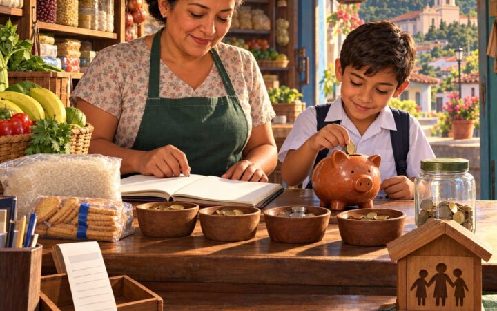 Ilustración: Educación financiera: impuestos, ahorro, banco y presupuesto