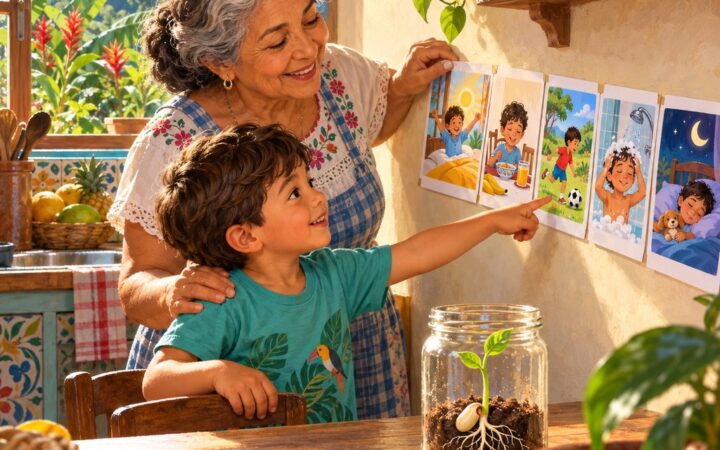 Ilustración: El tiempo: antes y después, ayer, hoy y mañana en preescolar