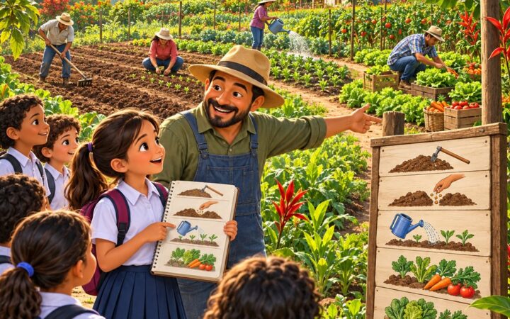 Ilustración: En la finca en inglés: pasos del cultivo y adverbios de frecuencia