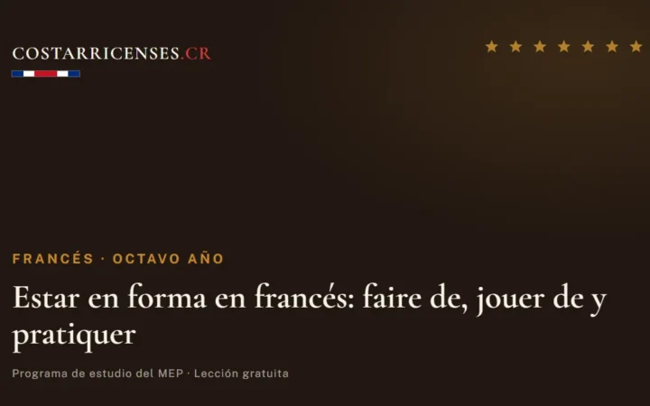 Estar en forma en francés: faire de, jouer de y pratiquer — Francés, Ujarrás (Octavo año)