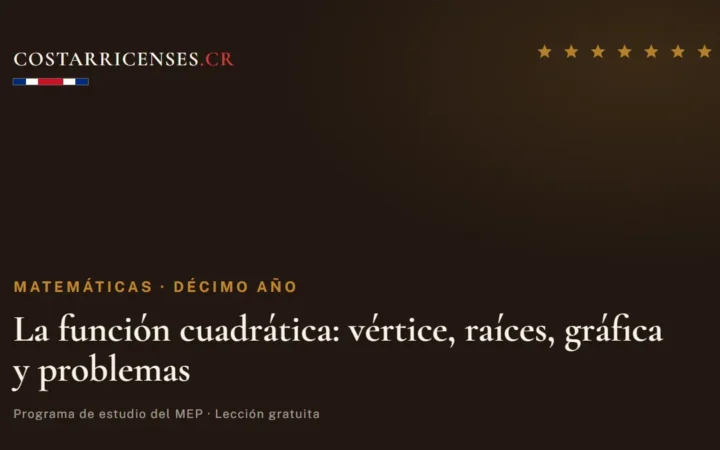 La función cuadrática: vértice, raíces, gráfica y problemas — Matemáticas, Décimo año