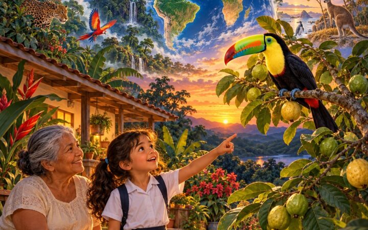 Ilustración: Il pianeta Terra en italiano: animales, plantas y continentes