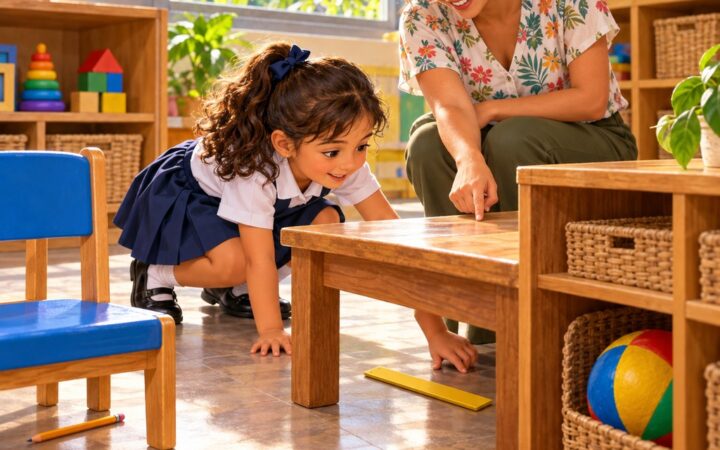 Ilustración: In, on y under en inglés para preescolar: ¿dónde está?