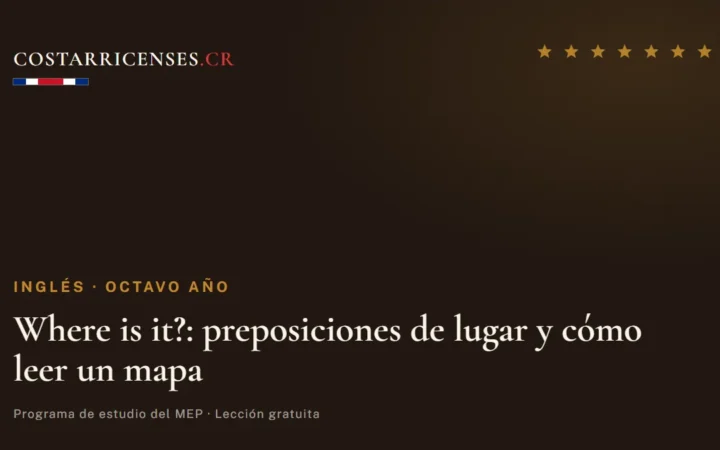 Where is it?: preposiciones de lugar y cómo leer un mapa — Inglés, Ujarrás (Octavo año)