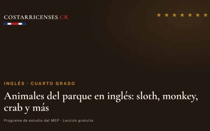 Animales del parque en inglés: sloth, monkey, crab y más — Inglés, Cuarto grado