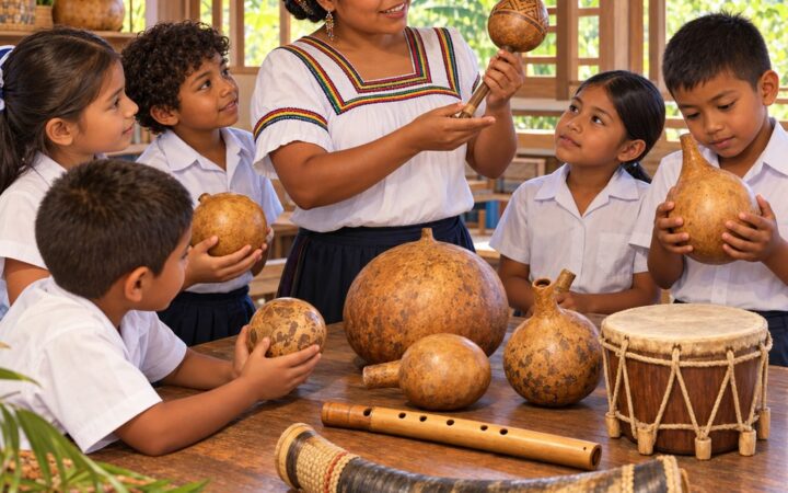 Ilustración: Instrumentos ngäbe-buglé: maracas, tolero, cacho de vaca y ngle