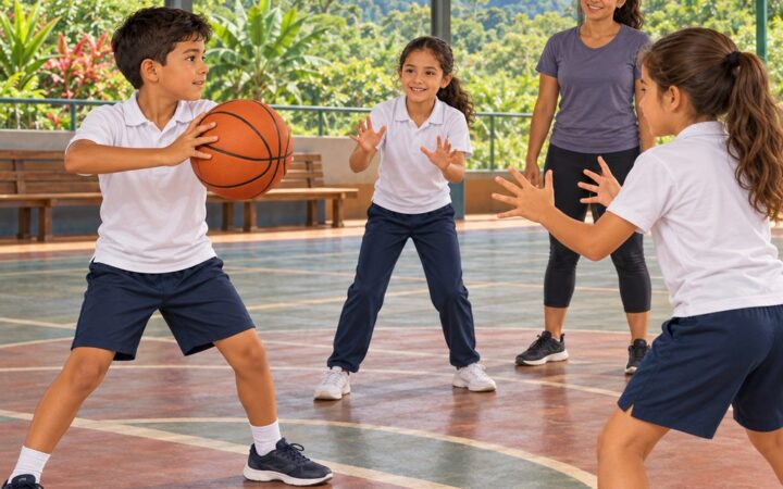 Ilustración: Juegos pre deportivos de baloncesto: bote, pase y control