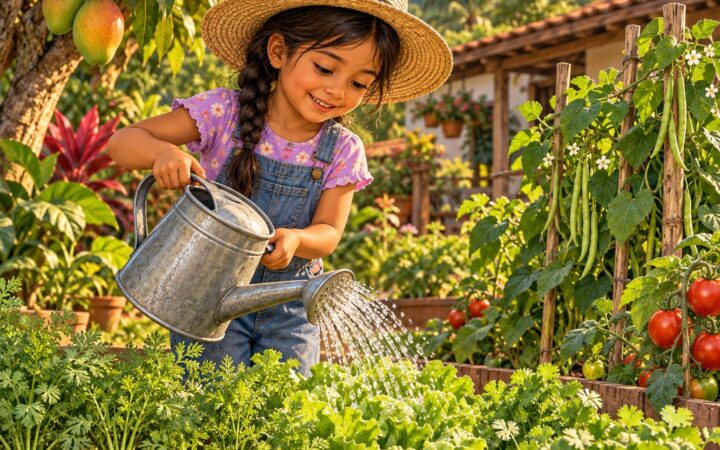 Ilustración: La huerta y los árboles frutales: frutas, verduras y legumbres