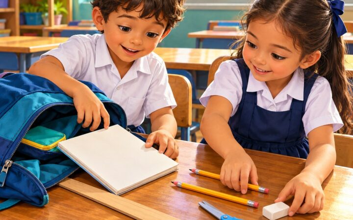 Ilustración: Objetos de la clase y la mochila en italiano: il, la, un, una