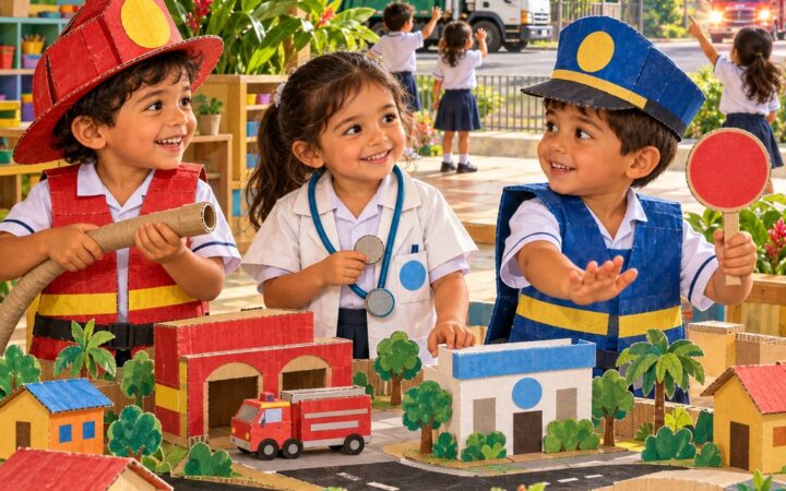 Ilustración: Oficios de la comunidad en inglés: firefighter, police y nurse