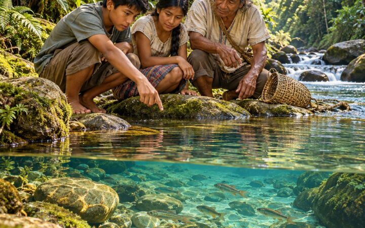 Ilustración: Pesca tradicional cabécar y cuidado de los ríos