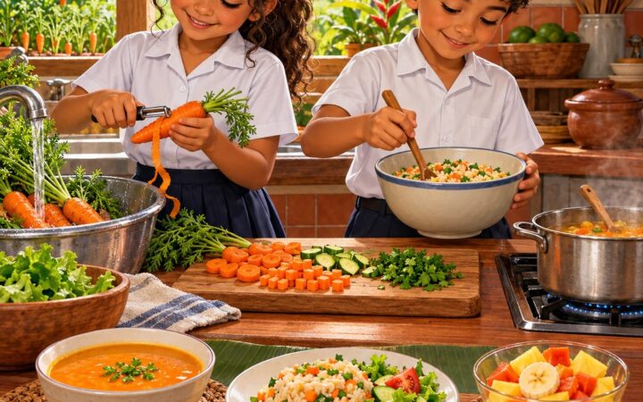 Ilustración: Preparemos una comida en inglés: verbos de cocina y first, second