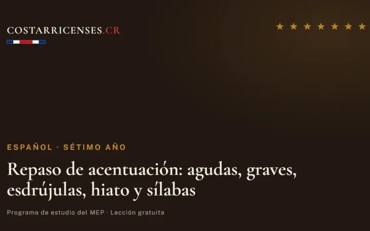 Repaso de acentuación: agudas, graves, esdrújulas, hiato y sílabas — Español, Térraba (Sétimo año)