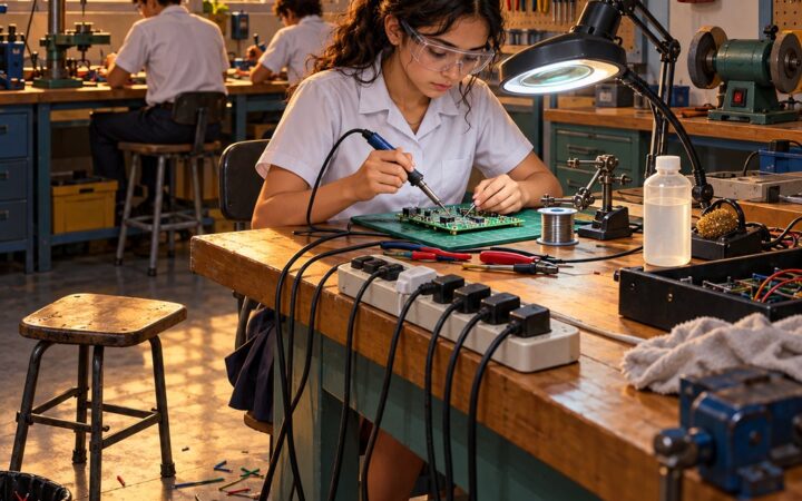 Ilustración: Riesgos en un taller de electrónica: orden, fuego y máquinas