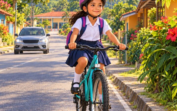 Ilustración: Seguridad en bicicleta, patineta y moto para ir a la escuela