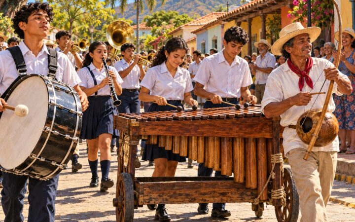 Ilustración: Tipos de instrumentos: aerófonos, cordófonos, idiófonos, membranófonos
