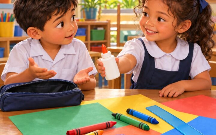 Ilustración: Útiles escolares en inglés para preescolar: crayons, glue y ruler